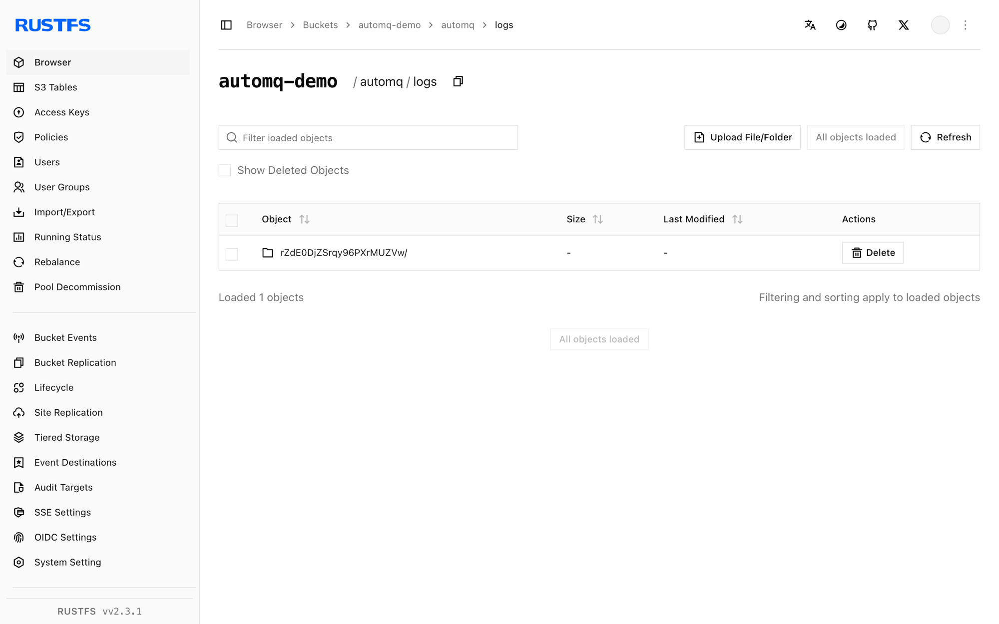 AutoMQ-Log-Streams in der RustFS-Console