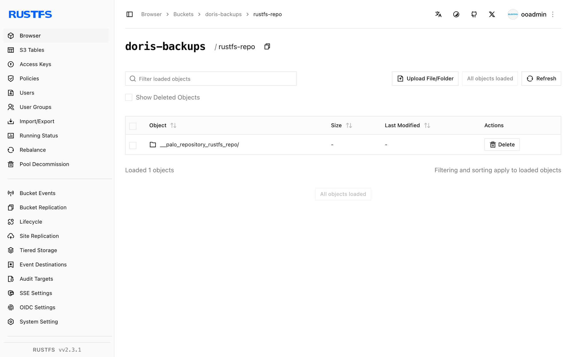 In der RustFS-Console gespeicherte Doris-Backup-Objekte