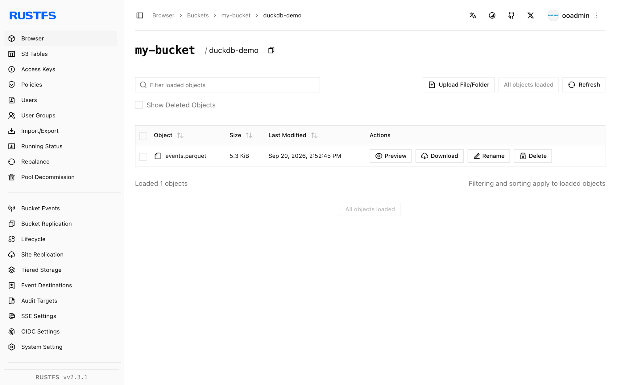 Das Präfix duckdb-demo in der RustFS Console