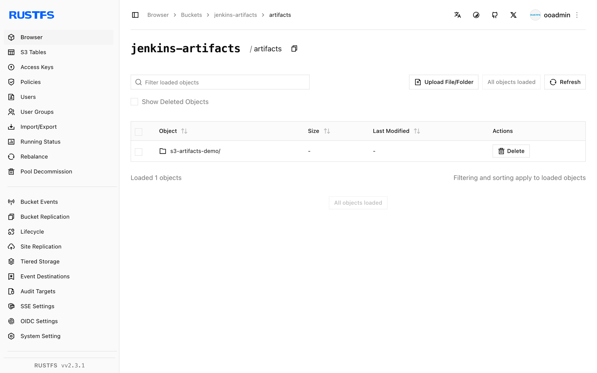 In der RustFS Console gespeicherte Jenkins-Artefakte