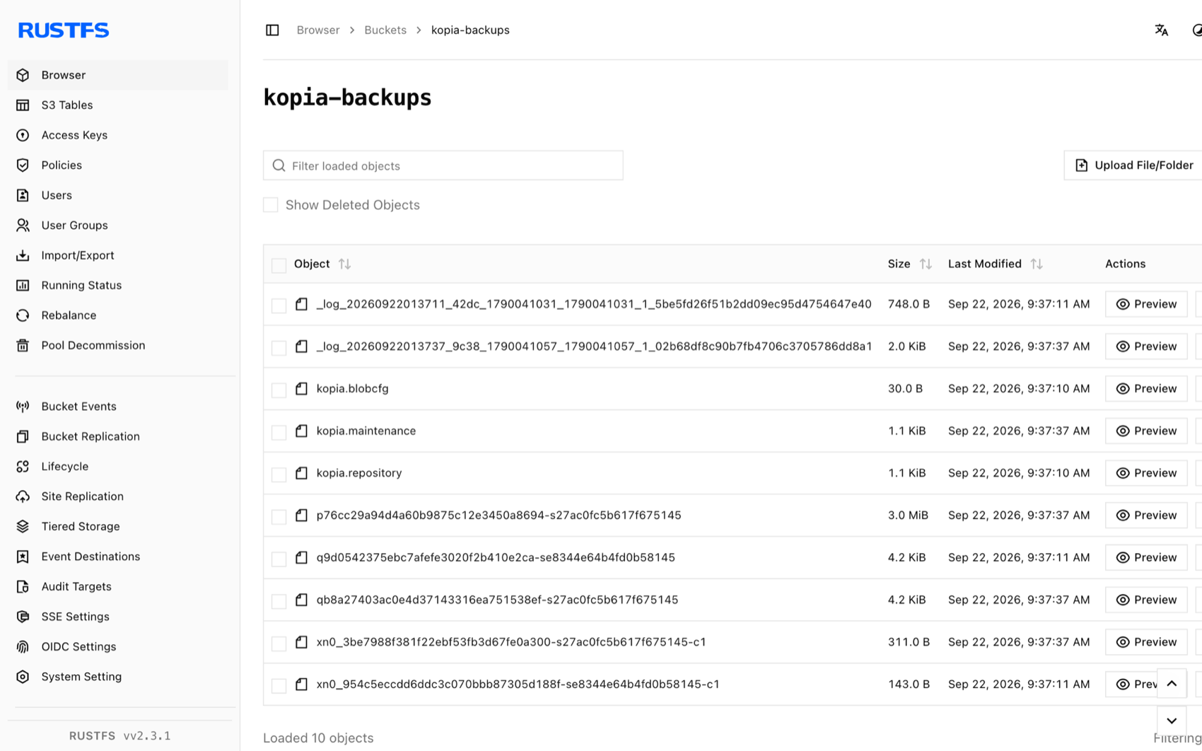 In der RustFS Console gespeicherte Kopia-Repository-Blöcke