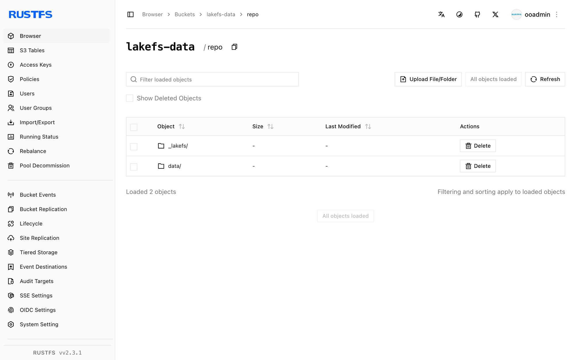 In der RustFS-Console gespeicherte lakeFS-Objekte