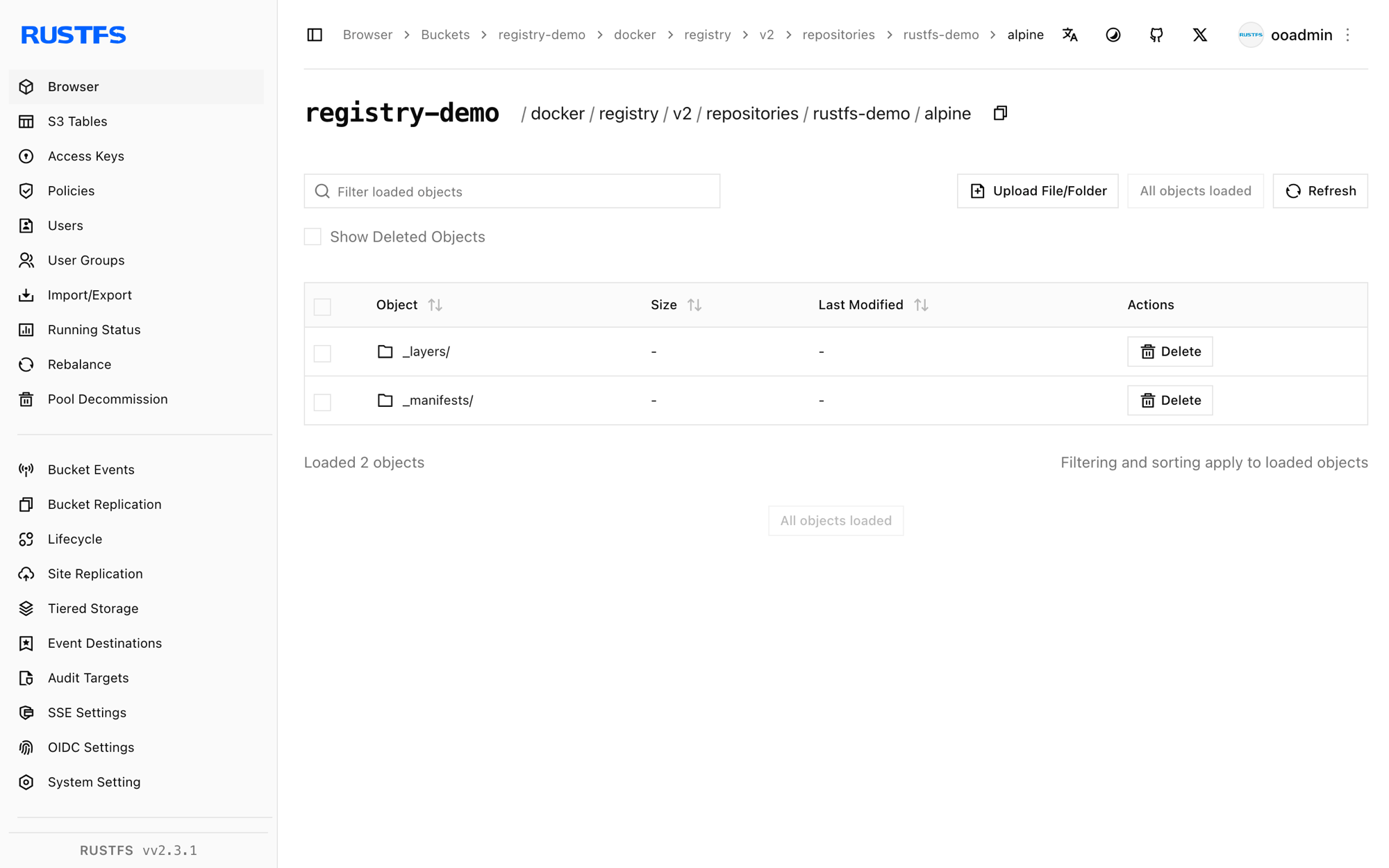 In der RustFS Console gespeicherte Registry-Layer