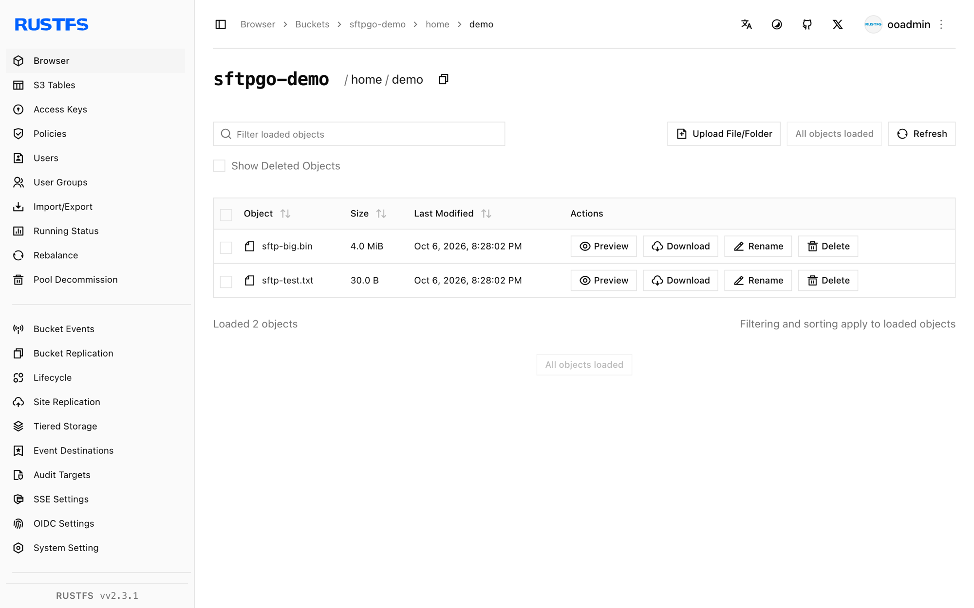 In der RustFS-Console gespeicherte SFTPGo-Dateien